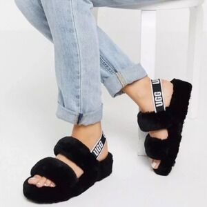 UGG Oh‎ Yeah Black Fuzzy Shearling Sandals Slides Womens Comfy Fluffy Straps NEW